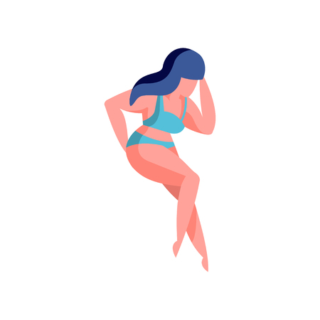 Beautiful woman in blue bikini relaxing at the beach vector Illustration isolated on a white background.のイラスト素材