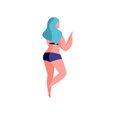 Girl in blue bikini lying on her stomach sunbathing, beautiful young woman relaxing at the beach vector Illustration isolated on a white background.のイラスト素材