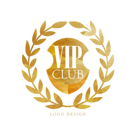 VIP club  design, luxury elegant golden badge with laurel wreath for boutique, restaurant, hotel, resort vector Illustration on a white backgroundのイラスト素材