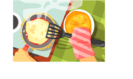 Pancakes Cooking Color Illustrations.Hands Working On Food Preparation View From Above Drawing. Flat Cartoon Style Vector Image.のイラスト素材