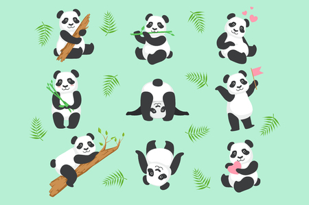 Cute Panda Character In Different Situations Set. Cartoon Humanized Animal Icons In Girly Style On Light Background.のイラスト素材