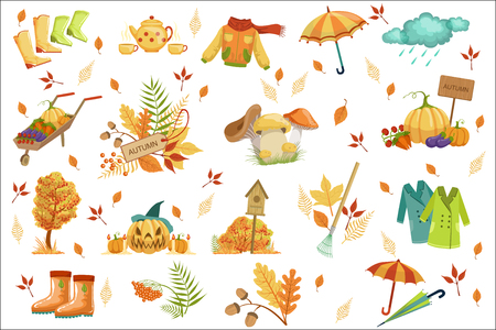 Set Of Associated With Autumn Objects. Seasonal Symbols In Cute Detailed Cartoon Style On White Background.のイラスト素材