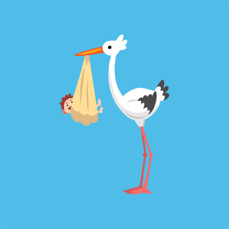 White stork delivering a newborn baby, stork with a bundle, template for baby shower banner, invitation, poster, greeting card vector Illustration in flat styleのイラスト素材