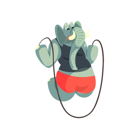 Cute elephant jumping with skipping rope, sportive animal character, fitness and healthy lifestyle vector Illustrations isolated on a white background.のイラスト素材