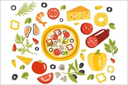 Pizza Preparation Set Of Ingredients Illustration. Flat Primitive Graphic Style Collection Of Cooking Elements On White Background.のイラスト素材