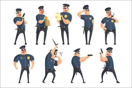 American Policeman Funny Characters Set. Cartoon Fun Style Vector Illustrations Isolated On White Background.のイラスト素材