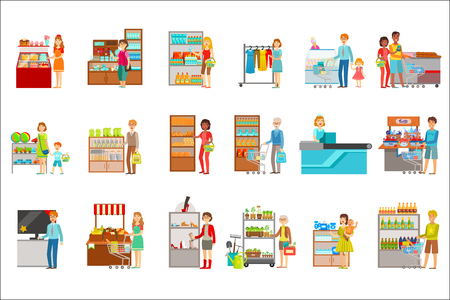 People Shopping In Department Store Set Of Illustrations. Supermarket Visitors And The Products They Buy Flat Simple Vector Stickers.のイラスト素材