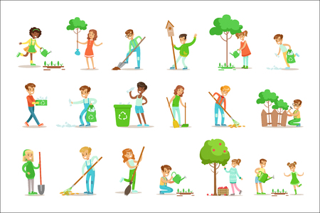 Children Helping In Eco-Friendly Gardening, Planting Trees, Cleaning Up Outdoors, Recycling The Garbage And Watering Sprouts. Happy Kids Interacting With Nature And Participating In Garden Clean-up Procedures Set Of Vector Illustrations.