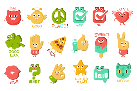 Words And Corresponding Illustrations, Cartoon Character Objects With Eyes Illustrating The Text Emoji Set. Primitive Gestures And Symbols Collection For Messages Emoticon Use Flat Vector Icons.のイラスト素材