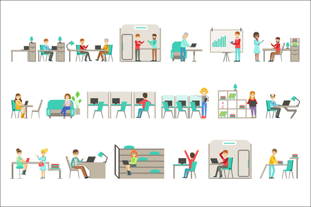 Coworking In Modern Design Office Infographic Illustration Set. Smiling Office Workers In Comfortable Working Environment Simple Cartoon Drawings On White Background.のイラスト素材