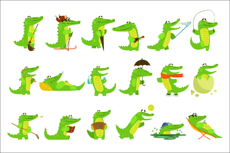 Humanized Crocodile Character Every Day Activities Set Of Illustrations. Flat Bright Color Isolated Funny Alligators In Different Situations On White Background,