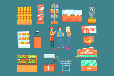 People Shopping For Groceries In Supermarket Surrounded By Shop Attributes Set Of Illustrations. Vector Collection In Geometric Simplified Cartoon Style With Shoppers And Their Purchases.のイラスト素材
