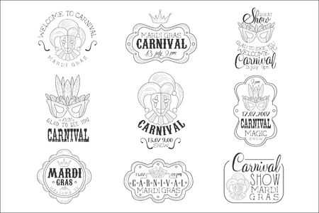 Set Of Hand Drawn Monochrome Mardi Gras Event Promotion Signs In Pencil Sketch Style With Calligraphic Text And Detailed Vintage Framesのイラスト素材