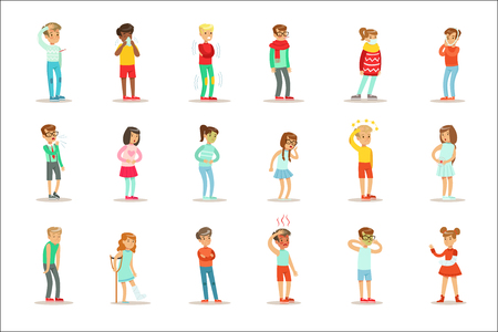 Sick Children Feeling Unwell Suffering From Sickness Or Injury Needing Healthcare Medical Help Set Of Cartoon Characters. Kids With Health Damage Or Illness Showing The Symptoms Vector Illustrations.のイラスト素材
