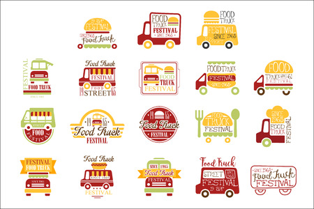 Food Truck Cafe Street Food Promo Signs Collection Of Colorful Vector Design Templates With Vehicle Silhouette. Fast Food Restaurant On Wheels Labels In Flat Bright Illustrations With Text.のイラスト素材
