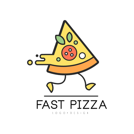 Fast pizza  design, food service delivery, creative template with running piece of pizza for corporate identity, restaurant, cafe vector Illustration on a white backgroundのイラスト素材