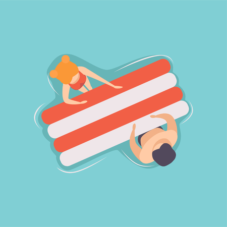 Young couple floating on air mattress in swimming pool, top view vector Illustration on a light blue background.のイラスト素材