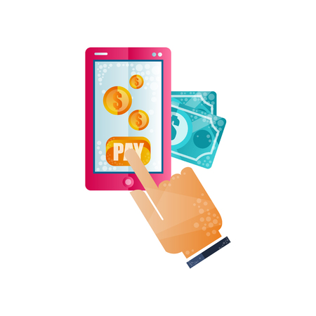 Male hand tapping smart phone with banking payment app, mobile payments, online banking, shopping, e commerce concept flat vector Illustration isolated on a white background.のイラスト素材