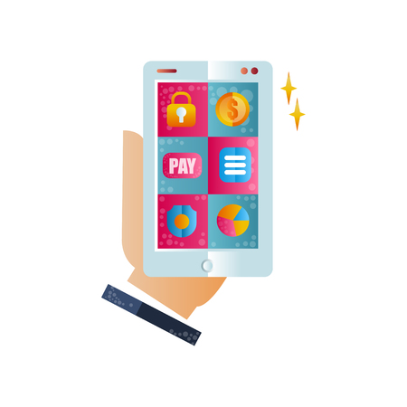 Male hand holding modern smartphone with online payment via application, online banking, shopping, e commerce concept flat vector Illustration isolated on a white background.のイラスト素材