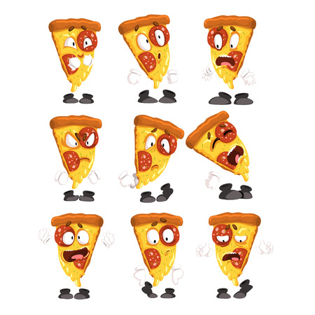 Cute funny slice of pizza with different emotions set, humanized cartoon fast food character vector Illustrations isolated on a white background.のイラスト素材
