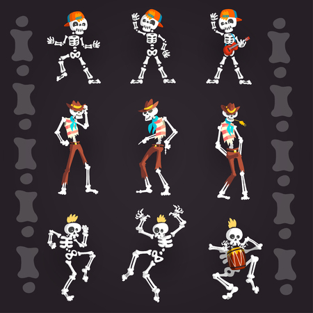 Creepy skeletons characters set, skeleton rapper in baseball cap, cowboy and punk vector Illustrationsのイラスト素材
