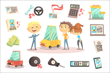 Car Dealership Firm Professional Dealer Selling The Vehicle To The Young Couple Illustration With Different Car Dealing Icons Around. Funny Cartoon Characters Buying The Automobile With Shop Assistant Help.のイラスト素材