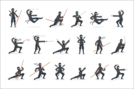 Japanese Ninja Assassin In Full Black Costume Performing Ninjitsu Martial Arts Postures With Different Weapons Set Of Illustrations. Male Japan Invisible Warrior Spy And His Gear And Skills Cartoon Drawings.のイラスト素材