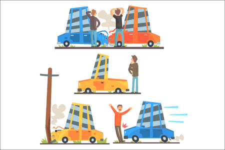 Car Road Accident Resulting In Transportation Damage Set Of Stylized Cartoon Illustrations. Vehicles Crushing Into Each Other, Poles And Breaking Down Situations.のイラスト素材
