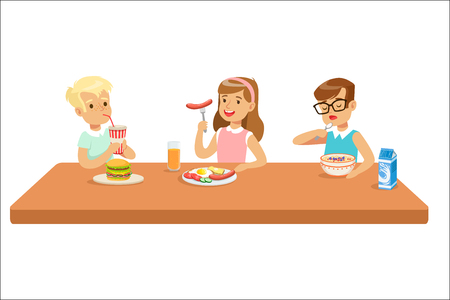 Kids Eating Brekfast And Lunch Food And Drinking Soft Drinks Set Of Cartoon Characters Enjoying Their Meal Sitting At The Table. Cute Children And Meals They Eat Vector Illustrations In Childish Colorful Style.のイラスト素材