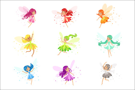 Colorful Rainbow Set Of Cute Girly Fairies With Winds And Long Hair Dancing Surrounded By Sparks And Stars In Pretty Dressesのイラスト素材