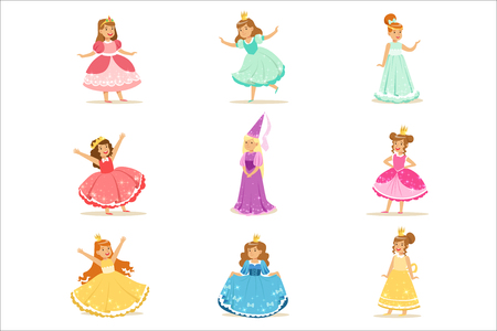 Little Girls In Princess Costume In Crown And Fancy Dress Set Of Cute Kids Dressed As Royals Illustrations. Fairy-tale Stories Heroines Costumes On Small Happy Children Vector Stickers.のイラスト素材