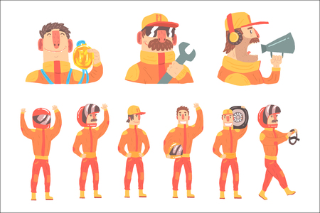 Racing Team Members In Orange Uniform Including Driver and Pit Stop Technicians Team Set of Cartoon Characters. Sportive Group Of Racer Support On Formula One Racing Competition Vector Illustration.のイラスト素材