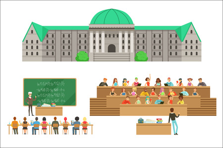 University Education, Students And Professors Set Of Illustrations. Cartoon Characters Studying In School To Get A Degree Vector Simple Drawings.のイラスト素材