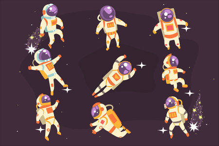 Astronaut Space Suit Floating In Open Space Different Positions Set Of Illustrations, Spaceman Flying In Pressure Suit And Helmet With Dark Sky On Background.