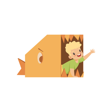Cute boy playing inside a toothy fish made of cardboard boxes vector Illustration isolated on a white background.のイラスト素材