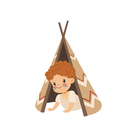 Boy sitting in a tepee tent, kid playing in American Indian vector Illustration isolated on a white background.のイラスト素材