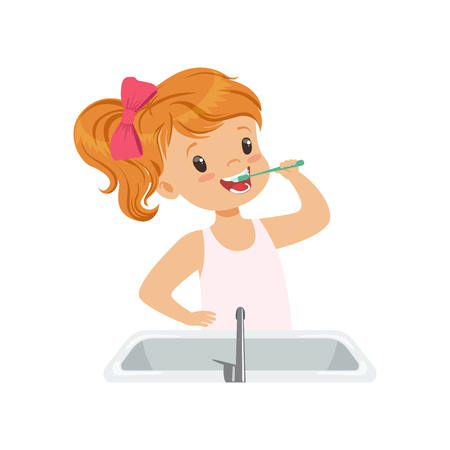Lovely girl brushing her teeth, kid caring for teeth in bathroom vector Illustration isolated on a white background.のイラスト素材