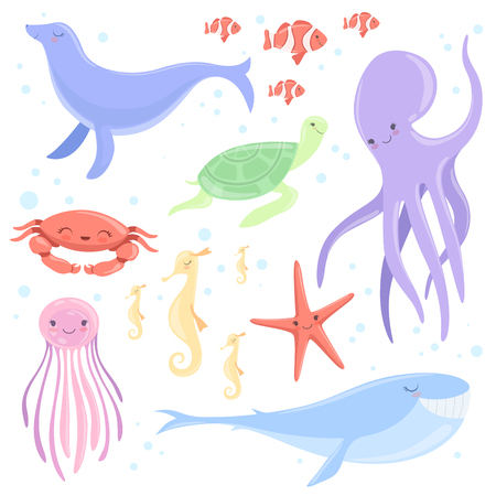 Lovely underwater animals set, clown fish, jellyfish, seahorse, starfish, whale, fur seal, turtle, octopus cute sea creatures vector Illustrations isolated on a white background.のイラスト素材