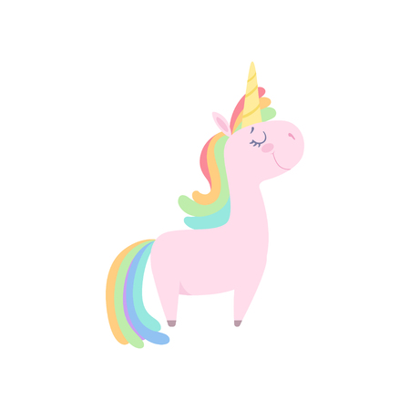 Lovely unicorn, cute fantasy animal character with rainbow hair vector Illustration isolated on a white background.のイラスト素材