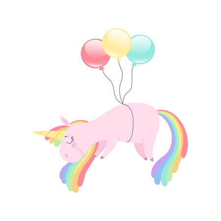 Lovely unicorn flying with colorful balloons, cute fantasy animal character with rainbow hair vector Illustration isolated on a white background.のイラスト素材