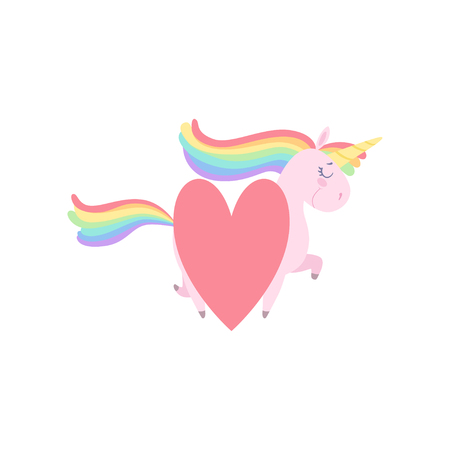 Lovely unicorn with red heart, cute fantasy animal character with rainbow hair vector Illustration isolated on a white background.のイラスト素材