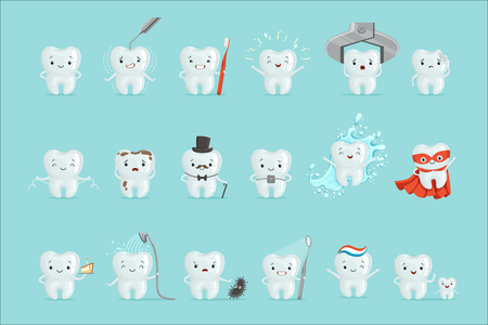 Cute teeth with different emotions set for label design. Dental medicine, children dentistry, mouth hygiene. Cartoon detailed Illustrations isolated on white background