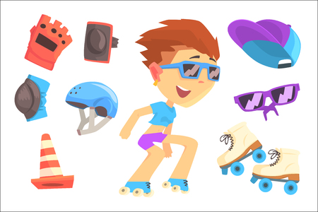 Roller skating boy, set for label design. Accessories and equipment for roller skating. Colorful cartoon detailed Illustrations isolated on white backgroundのイラスト素材