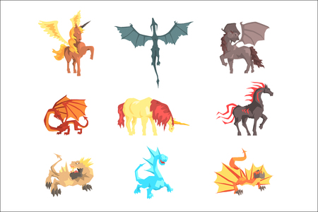 Mythical and fantastic creatures, set for label design. Cartoon detailed Illustrations isolated on white backgroundのイラスト素材