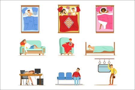 People Sleeping In Different Positions At Home And At Work, Tired Characters Getting To Sleep Series Of Illustrations. Man And Women Taking A Nap Wherever They Can Resting And Feeling Relaxed.