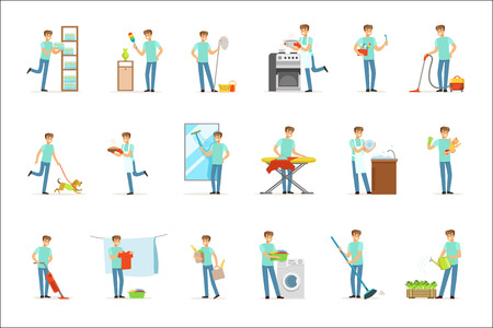 Smiling househusbands washing, cooking, cleaning, vacuum cleaning and shopping. Set of colorful cartoon detailed vector Illustrations isolated on white backgroundのイラスト素材