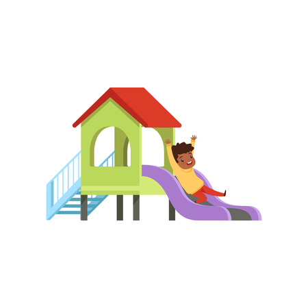 Cute little boy playing on a slide, kid having fun on playground vector Illustration isolated on a white background.のイラスト素材