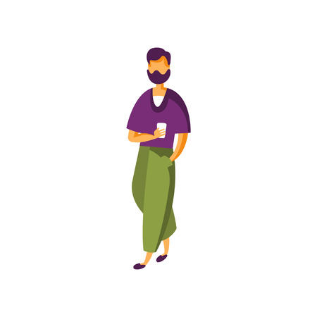 Stylish bearded young man in fashion clothing vector Illustration isolated on a white background.のイラスト素材