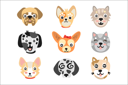 Set of cute cartoon dogs heads. Colorful character vector Illustrationsのイラスト素材