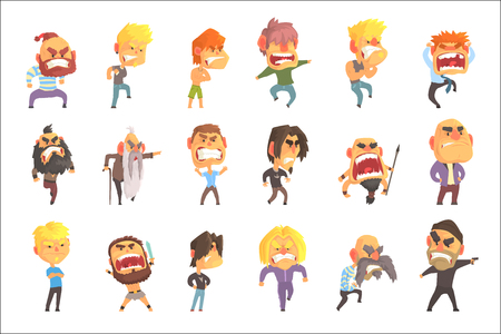 Angry and exasperated men set for label design. Men negative emotions. Colorful cartoon detailed vector Illustrations isolated on white backgroundのイラスト素材